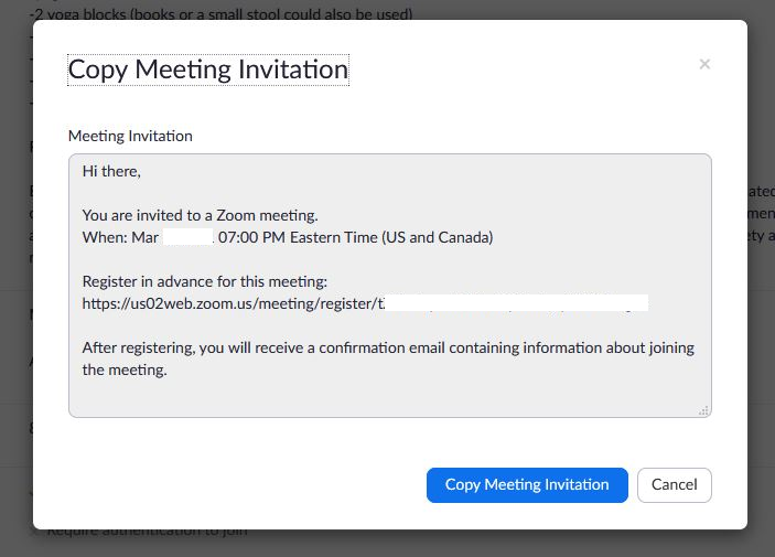 Zoom screenshot, click Copy Meeting Invitation